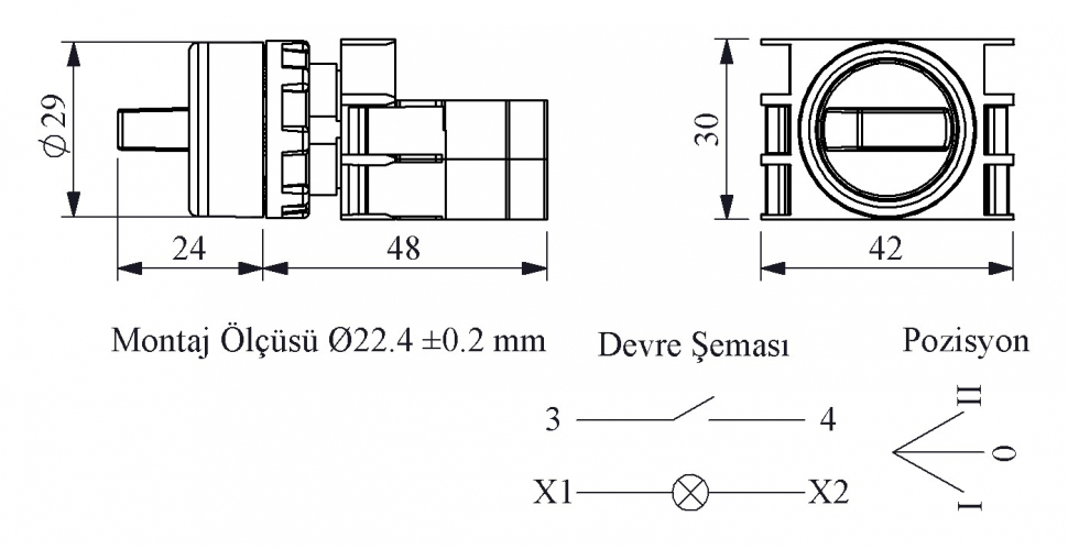 B Series Plastic with LED 1NO 12-30V AC/DC (II-0-I) 60° Selector Stay Put Illuminated Ye