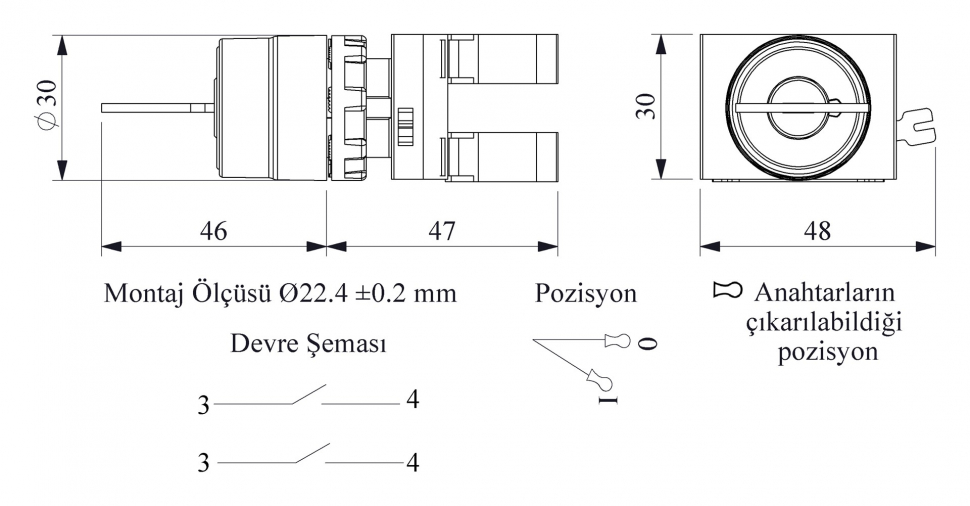 CM Series Metal 2NO (0-I) 60° Key Operated Stay Put Key Removal at all position 22 mm Co CM Series Metal 2NO (0-I) 60° Key Operated Stay Put Key Removal at all position 22 mm Co