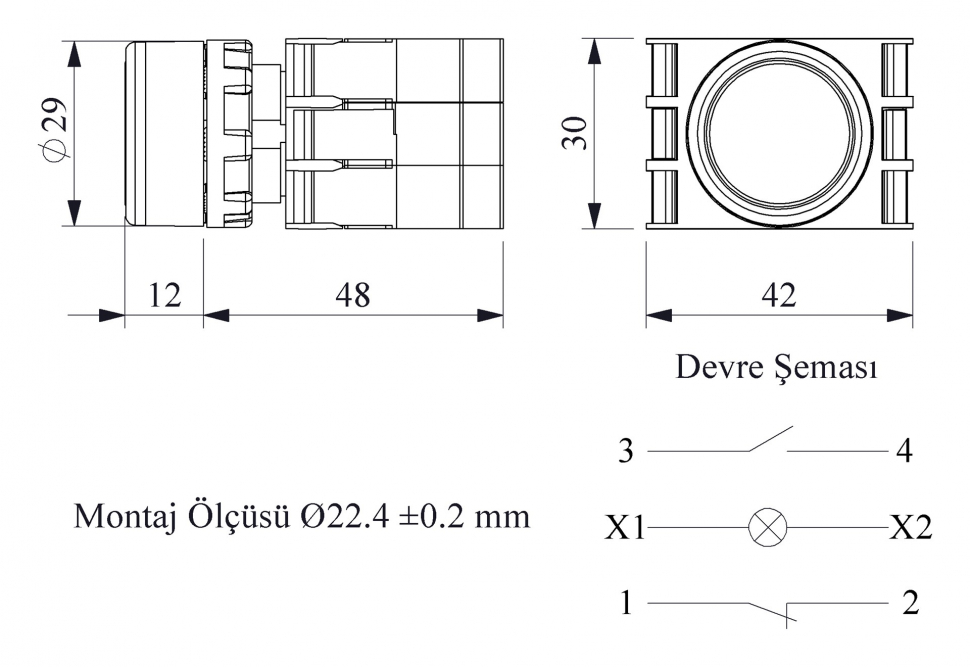 Кнопка нажимная круглая с подсветкой-светодиод 12-30V AC/DC красная (1HO+1Н3), B162DK