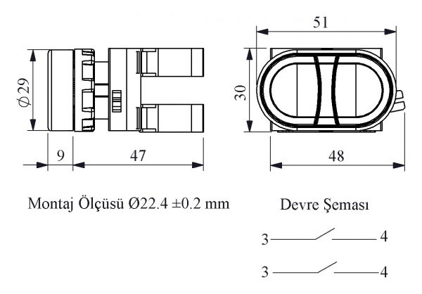 CP Series Plastic 2NO Double Flush Black-White 22 mm Control Unit