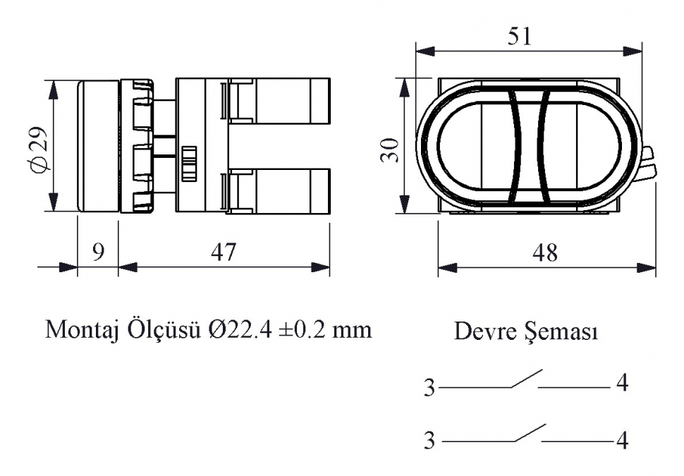 CP Series Plastic 2NO Double Flush Black-White 22 mm Control Unit