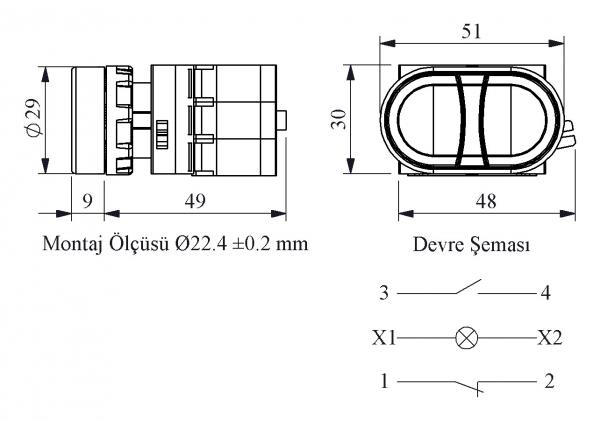 CP Series Plastic with LED 1NO+1NC 100-230V AC Double Flush Black-White 22 mm Control U