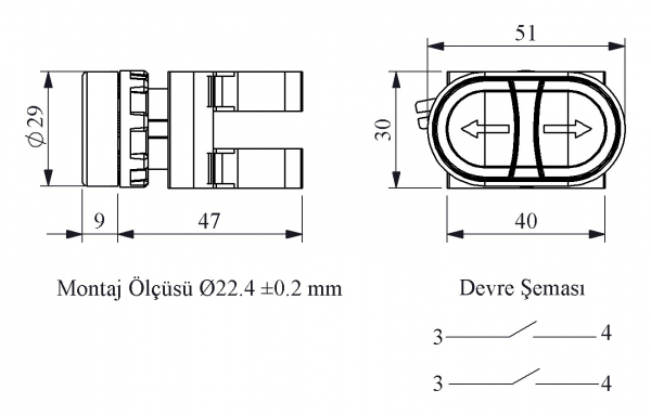 CM Series Metal 2NO Double Flush Black-Black (Arrow) Sign Marked 22 mm Control Unit