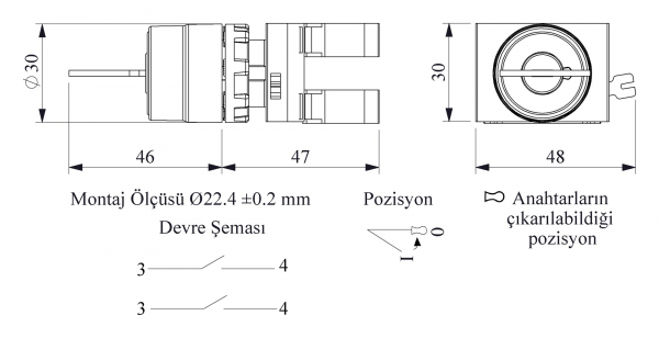 CM Series Metal 2NO (0-I) 60° Key Operated Spring Return Key Removal at 0 position 22 mm