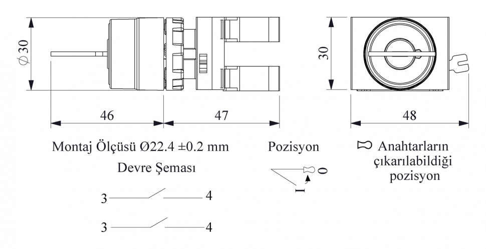 CM Series Metal 2NO (0-I) 60° Key Operated Spring Return Key Removal at 0 position 22 mm